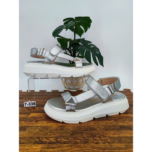 Stuart Weitzman Women’s Zoelie Silver Metallic Leather Platform Sandals Size 7 - Picture 1 of 8